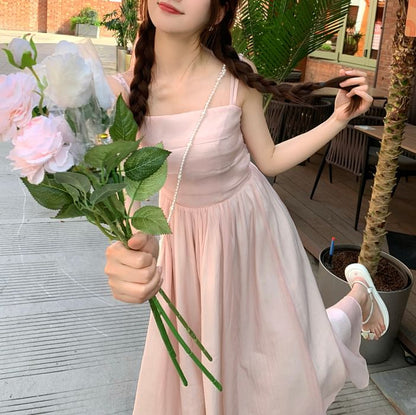 Spaghetti Strap Square Neck Plain Maxi A-Line Dress