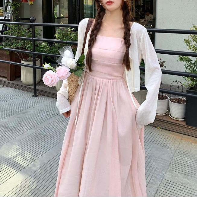 Spaghetti Strap Square Neck Plain Maxi A-Line Dress