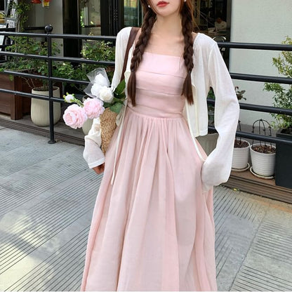 Spaghetti Strap Square Neck Plain Maxi A-Line Dress