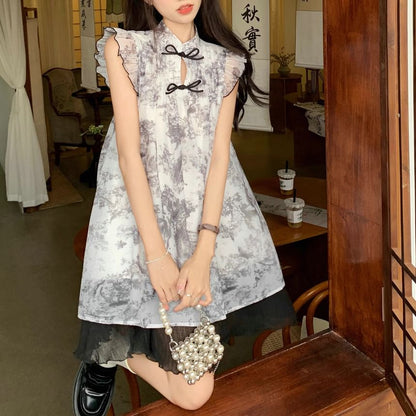 Cap-Sleeve Print Sheer Mini A-Line Dress