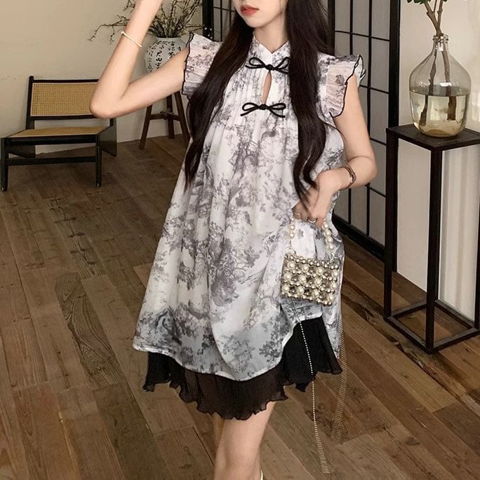Cap-Sleeve Print Sheer Mini A-Line Dress