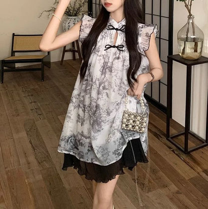 Cap-Sleeve Print Sheer Mini A-Line Dress