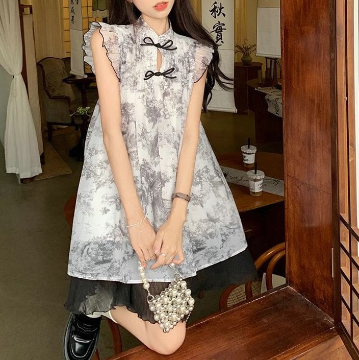 Cap-Sleeve Print Sheer Mini A-Line Dress