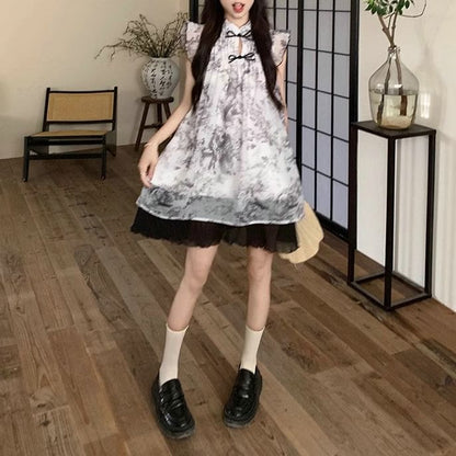 Cap-Sleeve Print Sheer Mini A-Line Dress