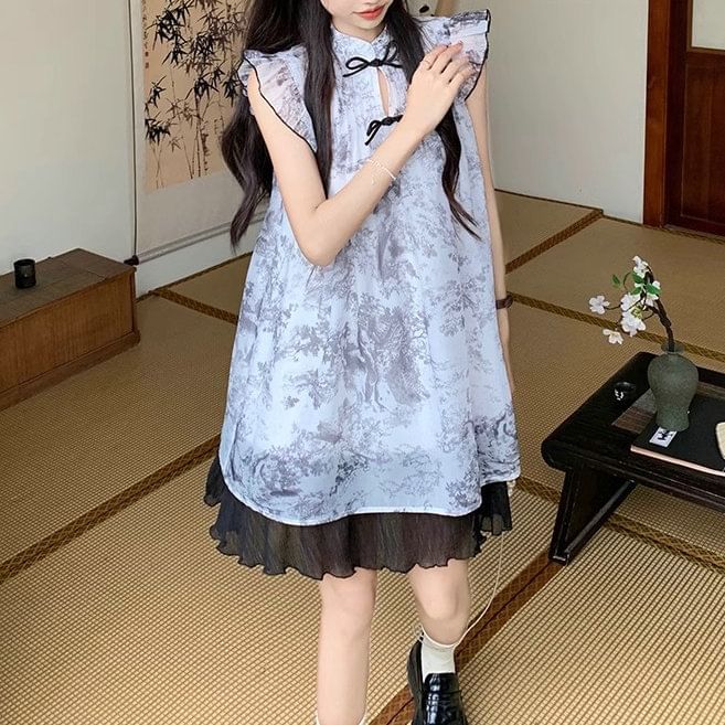 Cap-Sleeve Print Sheer Mini A-Line Dress