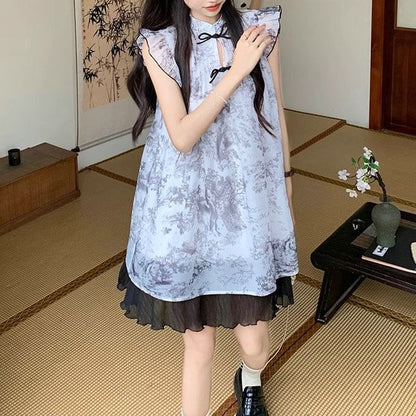 Cap-Sleeve Print Sheer Mini A-Line Dress