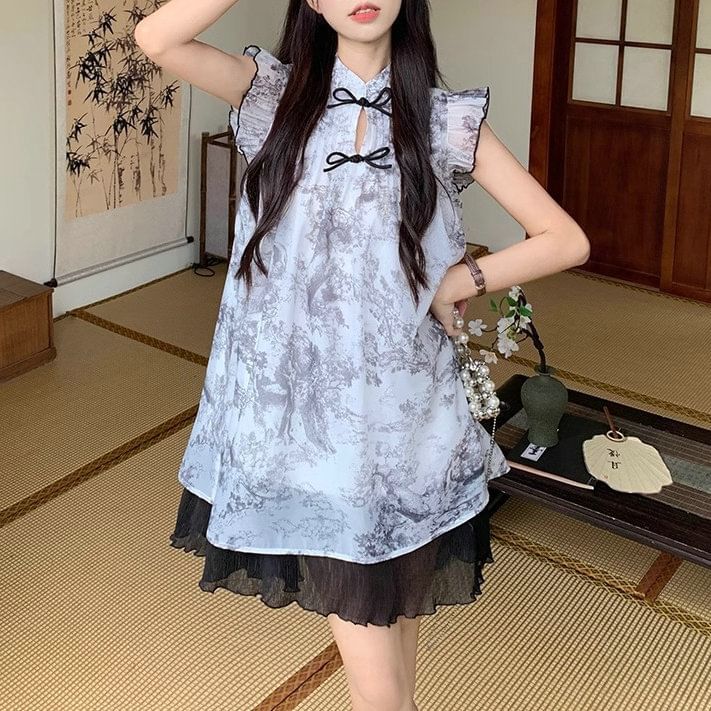 Cap-Sleeve Print Sheer Mini A-Line Dress