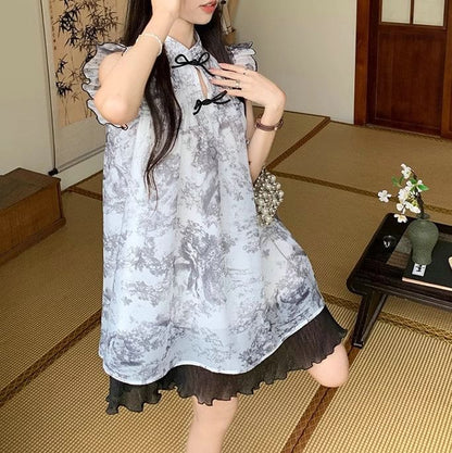 Cap-Sleeve Print Sheer Mini A-Line Dress