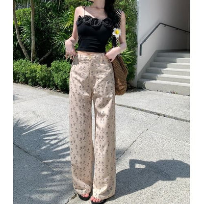 Floral Camisole Top / High Waist Floral Print Wide Leg Pants