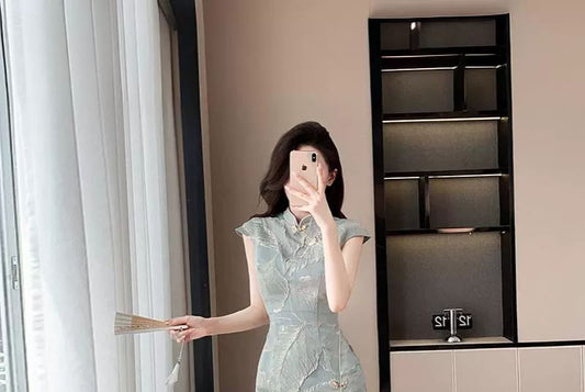 Cap-Sleeve Leaf Print Side-Slit Midi Qipao / Mini Qipao