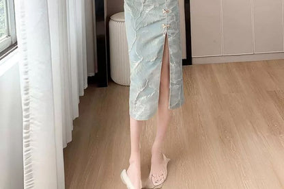 Cap-Sleeve Leaf Print Side-Slit Midi Qipao / Mini Qipao