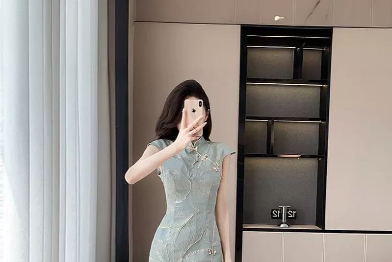 Cap-Sleeve Leaf Print Side-Slit Midi Qipao / Mini Qipao