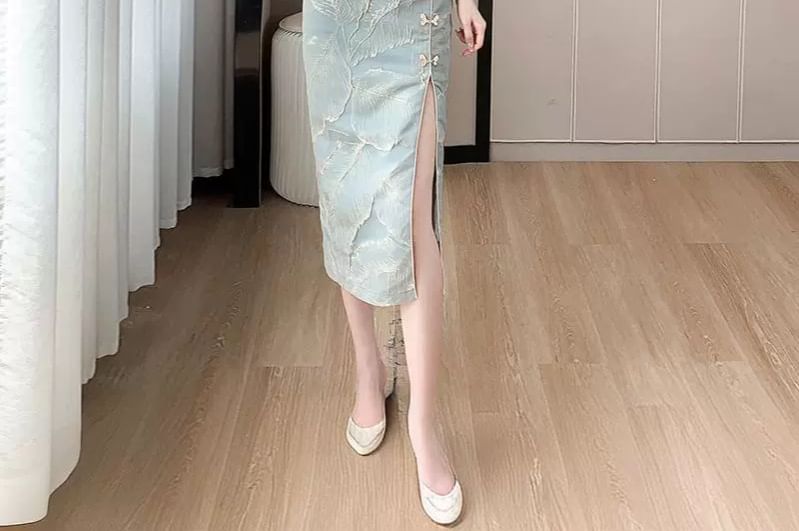 Cap-Sleeve Leaf Print Side-Slit Midi Qipao / Mini Qipao
