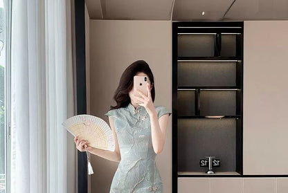 Cap-Sleeve Leaf Print Side-Slit Midi Qipao / Mini Qipao