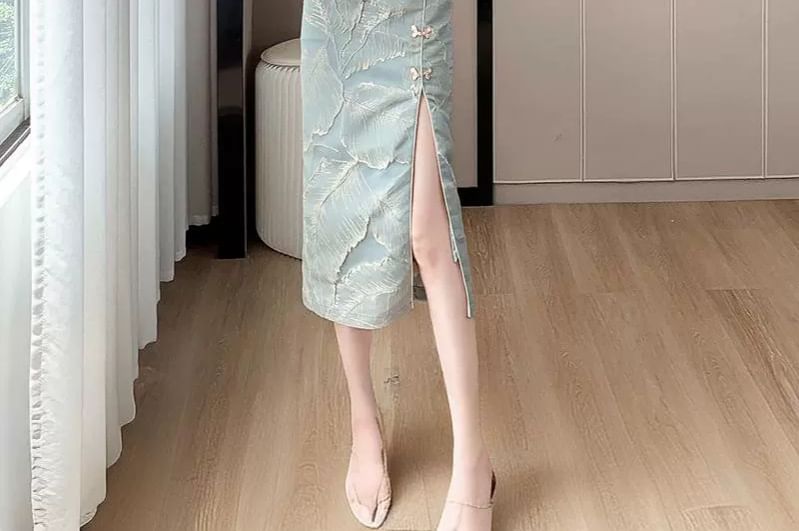 Cap-Sleeve Leaf Print Side-Slit Midi Qipao / Mini Qipao
