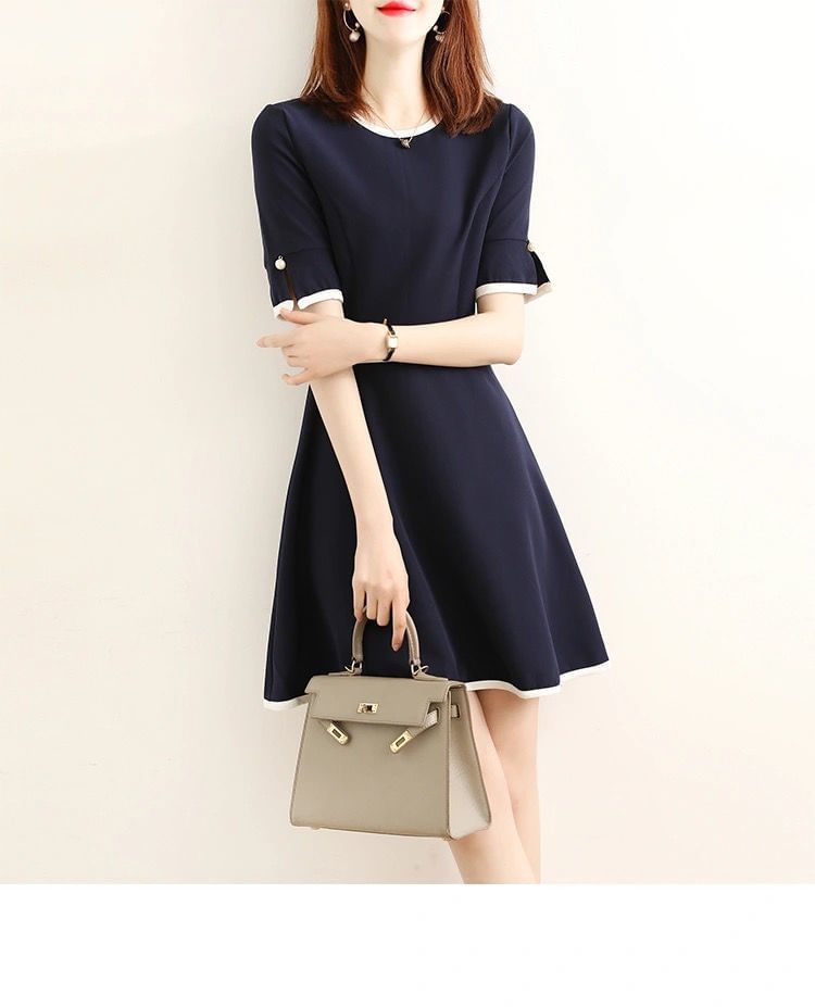 Short-Sleeve Crew Neck Contrast Trim Mini A-Line Dress