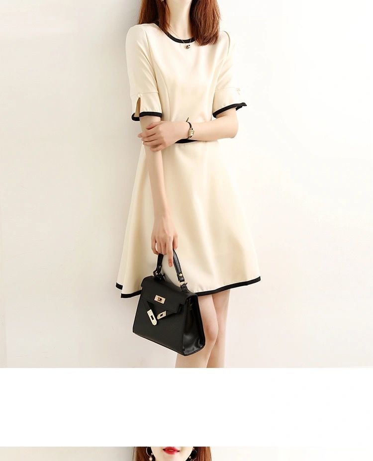 Short-Sleeve Crew Neck Contrast Trim Mini A-Line Dress