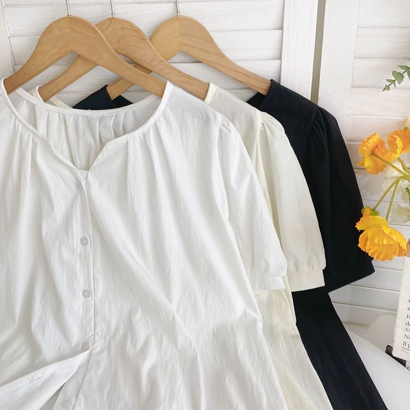 Short-Sleeve V-Neck Ruched Blouse