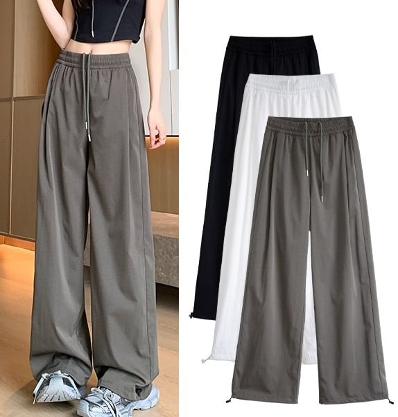 Plain High Waist Drawstring Wide Leg Sweatpants