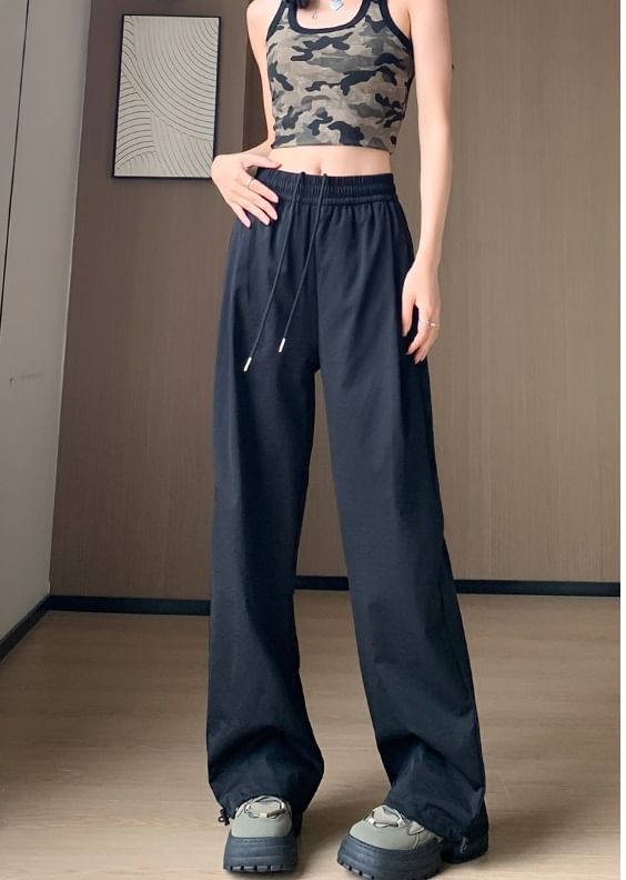 Plain High Waist Drawstring Wide Leg Sweatpants