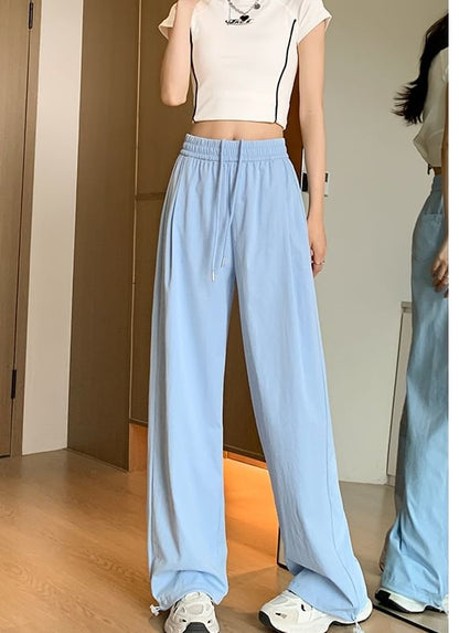 Plain High Waist Drawstring Wide Leg Sweatpants