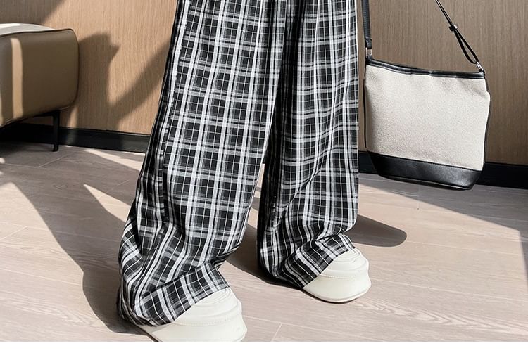 Pantalon large à carreaux taille haute (différents modèles)