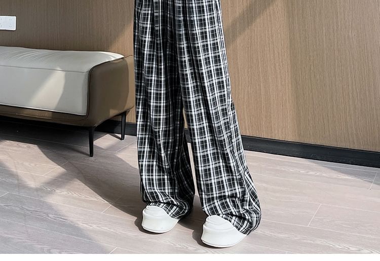 Pantalon large à carreaux taille haute (différents modèles)