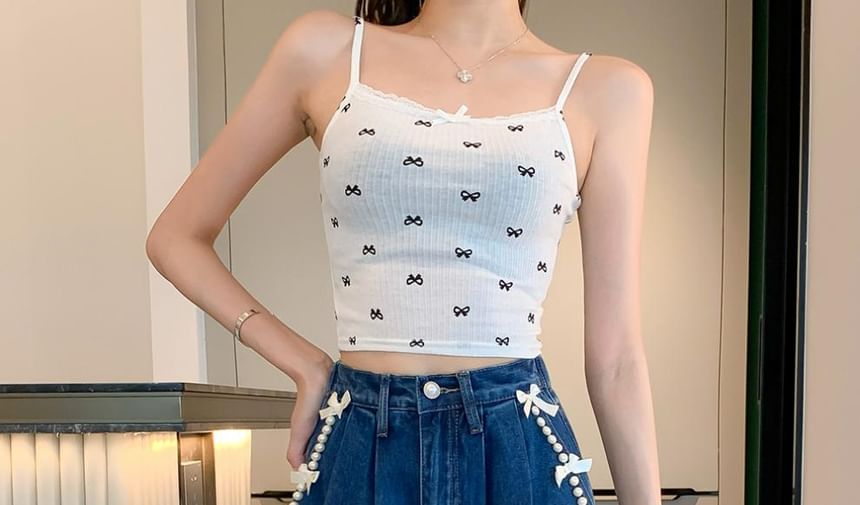 High Waist Bow Beaded Washed Denim Shorts