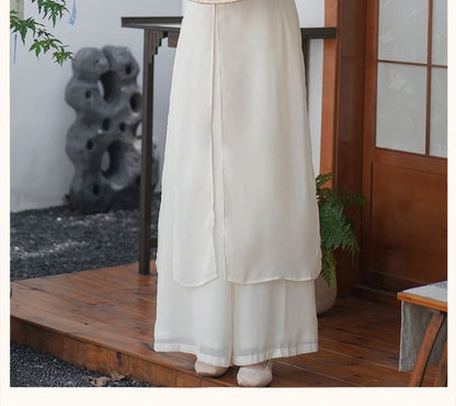 Set: 3/4-Sleeve Flower Embroidered Midi Hanfu Dress + Plain Wide Leg Pants