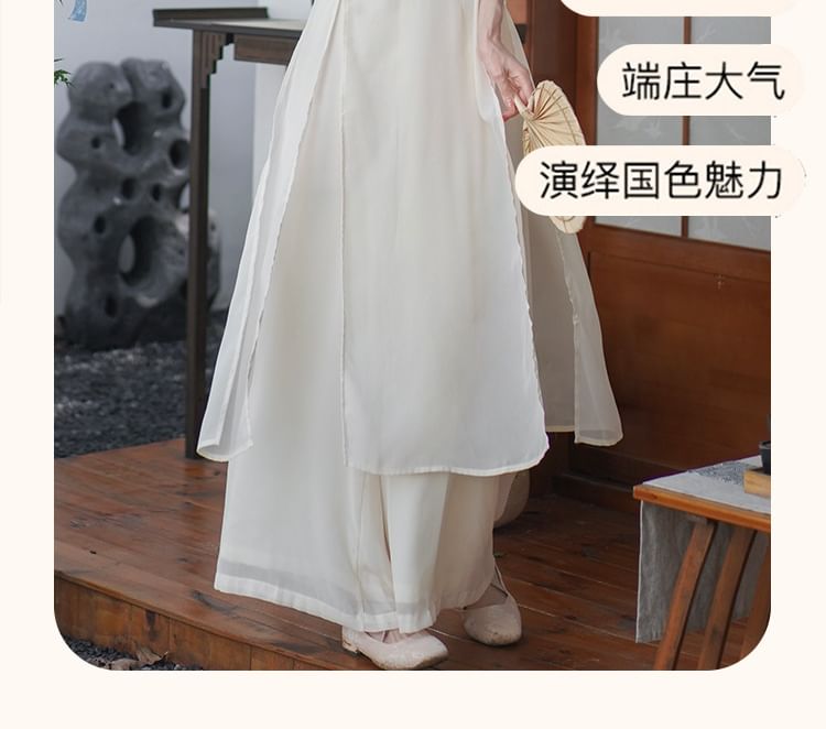 Set: 3/4-Sleeve Flower Embroidered Midi Hanfu Dress + Plain Wide Leg Pants