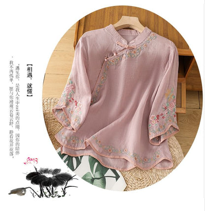 Elbow-Sleeve Flower Embroidered Blouse