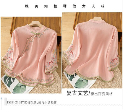 Elbow-Sleeve Flower Embroidered Blouse