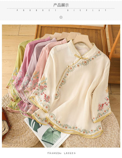 Elbow-Sleeve Flower Embroidered Blouse