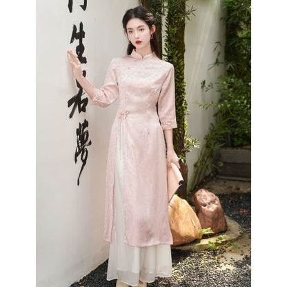 Elbow-Sleeve Floral Side-Slit Midi Hanfu Dress / High Waist Plain Wide Leg Pants / Set