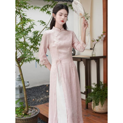 Elbow-Sleeve Floral Side-Slit Midi Hanfu Dress / High Waist Plain Wide Leg Pants / Set