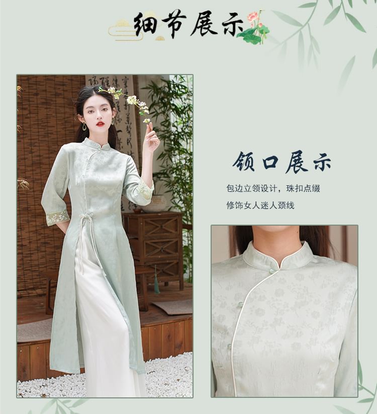 Elbow-Sleeve Floral Side-Slit Midi Hanfu Dress / High Waist Plain Wide Leg Pants / Set