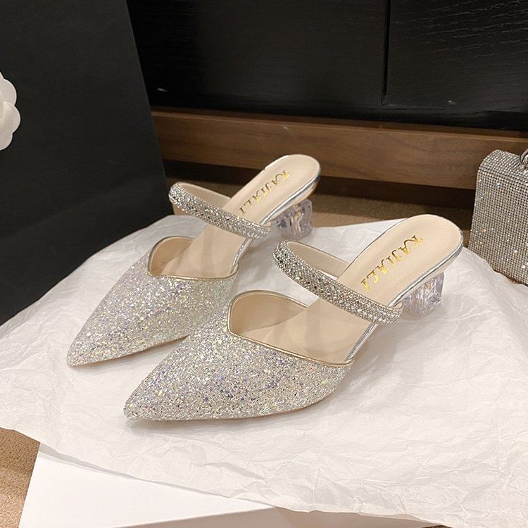 Pointy Rhinestone Sequined Chunky Heel Mules