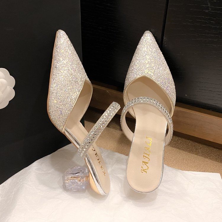 Pointy Rhinestone Sequined Chunky Heel Mules