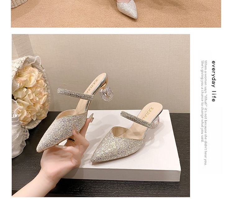 Pointy Rhinestone Sequined Chunky Heel Mules