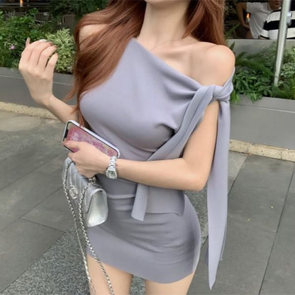 Sleeveless One Shoulder Plain Tie-Up Mini Sheath Dress