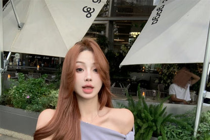 Sleeveless One Shoulder Plain Tie-Up Mini Sheath Dress