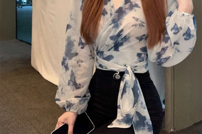 Long-Sleeve V-Neck Tie Dye Crop Top