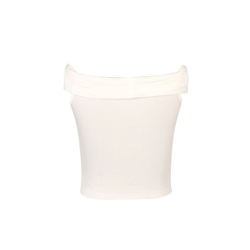 Floral Accent Slim Ruched Off-Shoulder Top Plain Short-Sleeve Crop Fit