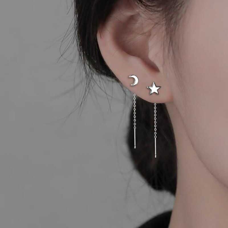 Moon & Star Asymmetrical Alloy Threader Earring