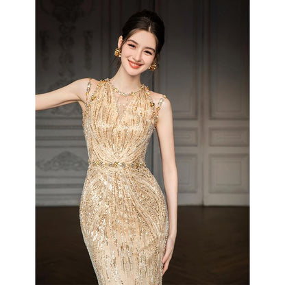 Sleeveless Sequin Embellished Sheath Evening Gown