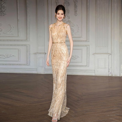 Sleeveless Sequin Embellished Sheath Evening Gown