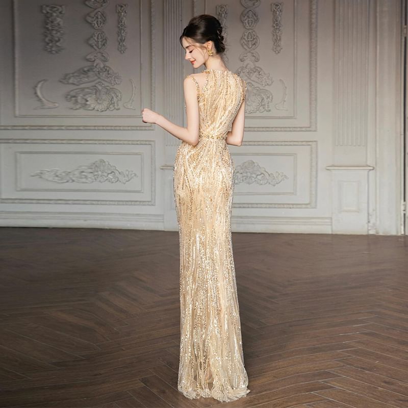 Sleeveless Sequin Embellished Sheath Evening Gown