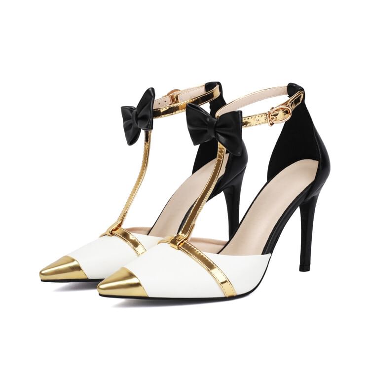 T-Strap Pointed Toe High Heel Pumps With Bowknot Buckle
