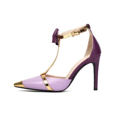 T-Strap Pointed Toe High Heel Pumps With Bowknot Buckle
