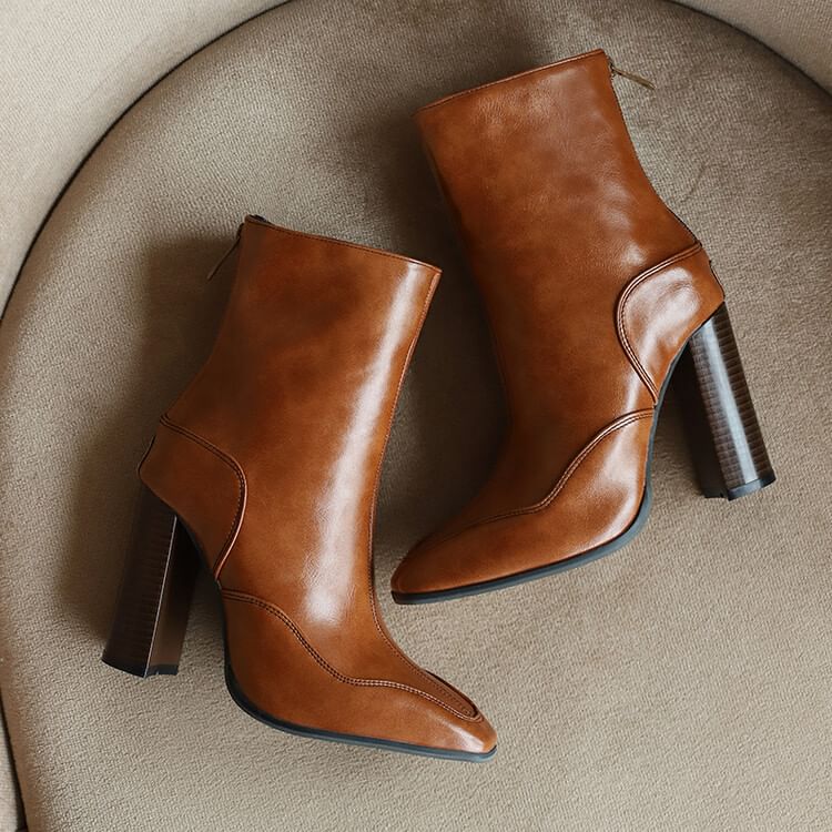 Pointed Toe Chunky Heel Short Boots